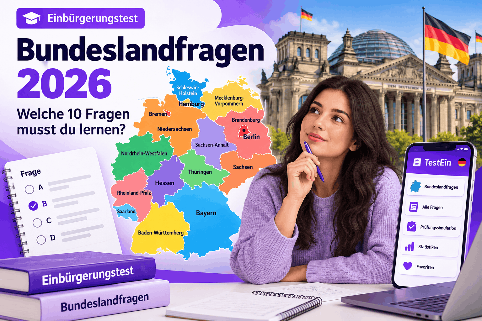 Einbürgerungstest Bundeslandfragen 2026 – 10 Fragen für dein Bundesland lernen